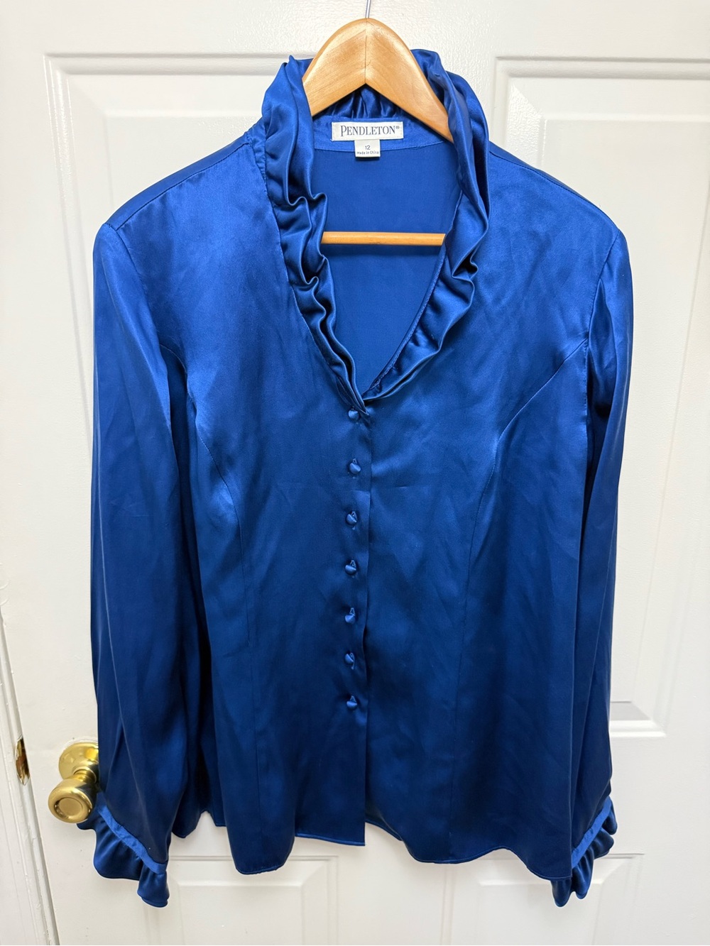 Vintage Pendleton Royal Blue Satin Ruffle Button Up Blouse Sz 12 100% Silk
